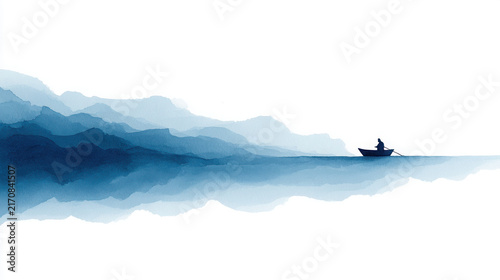 Minimalist watercolor of a small boat on a vast blue ocean