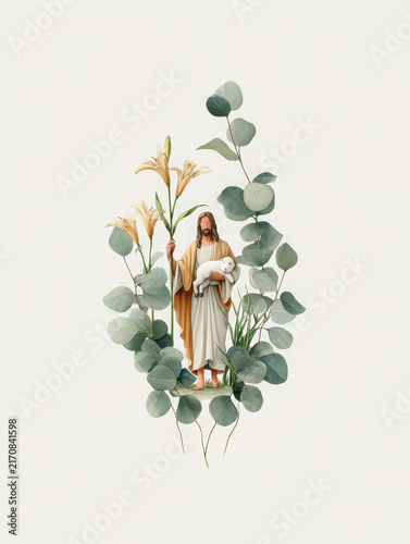 Watercolor of Jesus the Good Shepherd carrying a lamb