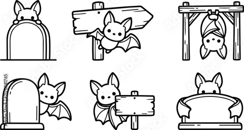 Cute bat characters with blank signs and mailbox shapes in black and white line art