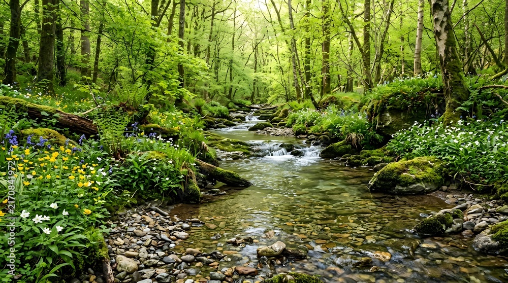 Obraz premium Crystal-clear stream flowing through a forest filled with vibrant spring foliage and wildflowers, tranquil nature landscape, ultra realistic.