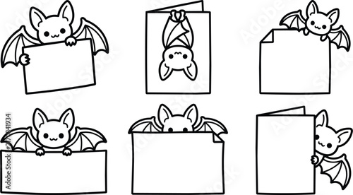 Cute bat characters holding blank signs in varied poses, black and white line art vector collection