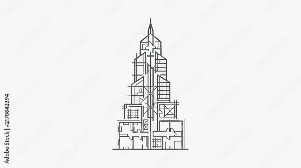 Fototapeta premium Architectural Floor Plan Diagram of Iconic Skyscraper Building with Cross Sections
