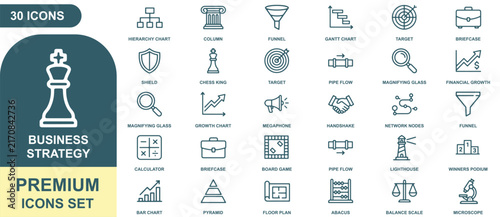 Business strategy icon set featuring outline symbols for hierarchy, finance, management, and planning on a white background, with dark teal accents