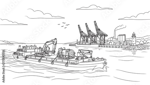 Industrial port scene with cranes white background.