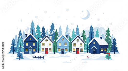 Illustration of colorful houses in a line in snowy landscape
