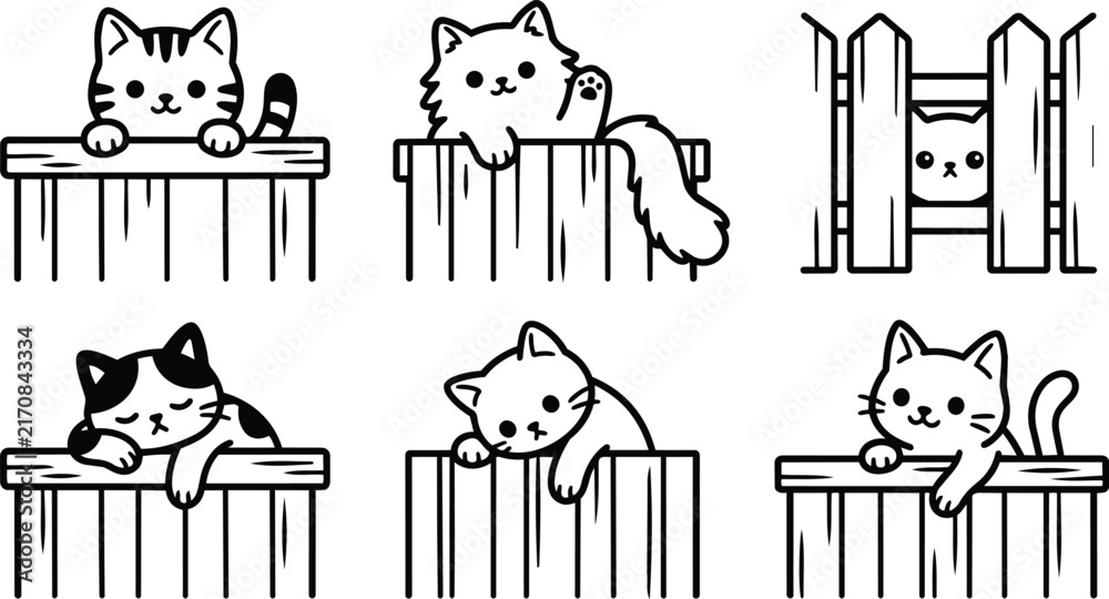 Obraz premium Playful black and white cats lounging on fences and benches in expressive line art