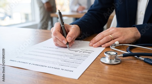 A person in business attire fills out a medical consent form at a desk with a stethoscope nearby, indicating a healthcare or medical setting.