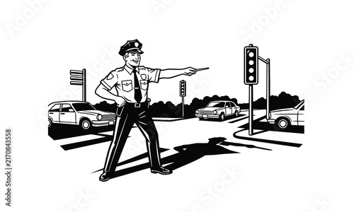 Policeman directing traffic at a busy intersection