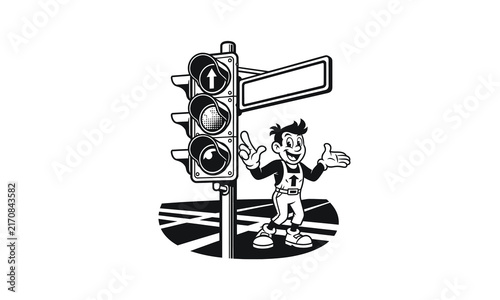 Vintage cartoon character posing by a traffic signal