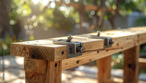 Sunlit wooden workbench with metal clamps in outdoor setting, surrounded by blurred green foliage