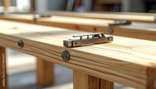 Close-up of wooden beams with metal hinges and screws in a sunlit workshop setting