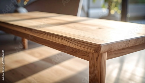 Sunlight casts shadows on a smooth, wooden table in a modern, sunlit living space