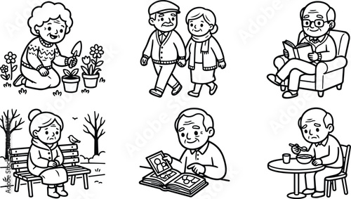 Black and white elderly people gardening, walking, reading, and dining in everyday life line art