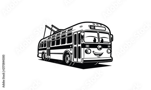 Happy cartoon trolleybus character vector illustration