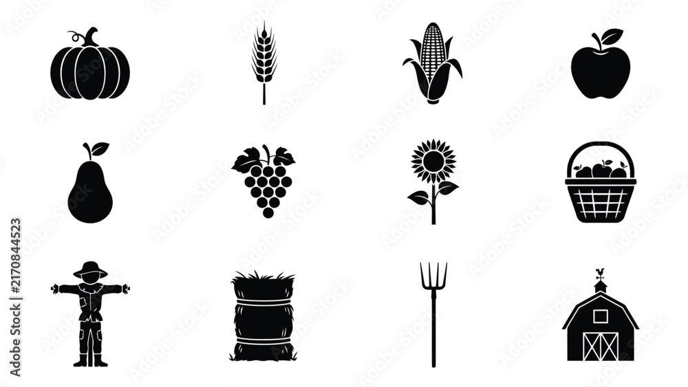 Naklejka premium Harvest icons collection featuring farm produce and rural tools in black with rural symbols arranged grid pattern white silhouettes various illustration agriculture handmade