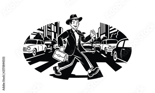 Happy businessman in retro suit walking across city street crosswalk