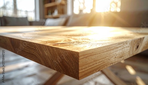 Sunlit wooden table close-up showing natural grain with soft-focus background in a cozy setting