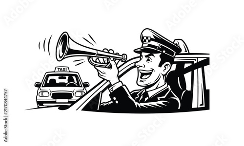 Taxi driver blowing vintage horn in traffic vector illustration