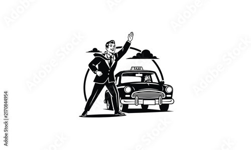 Businessman hailing a vintage taxi cab