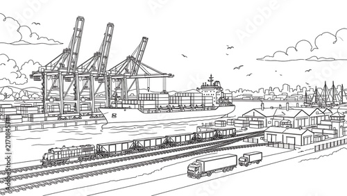Industrial port scene with trains and cranes white background.