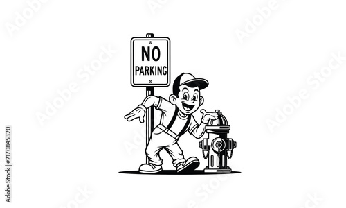 Retro cartoon man standing by no parking sign and fire hydrant