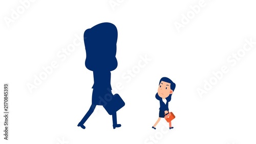 Animated businesswoman walking with the shadow follow
