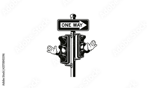 Traffic light character with one way sign and gesturing hands