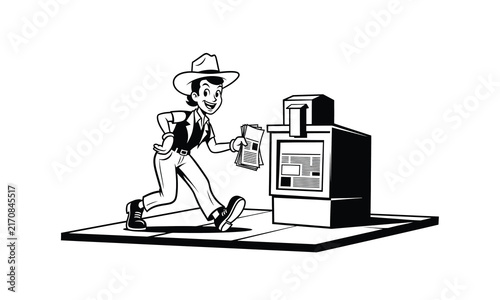 Retro cartoon man delivering newspapers by a vending box