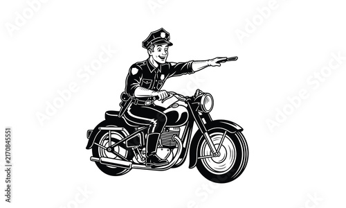 Police officer riding motorcycle and pointing forward