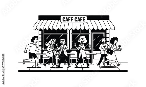 People walking past a cafe storefront vector illustration