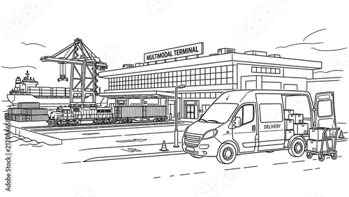 Industrial port scene with van white background.