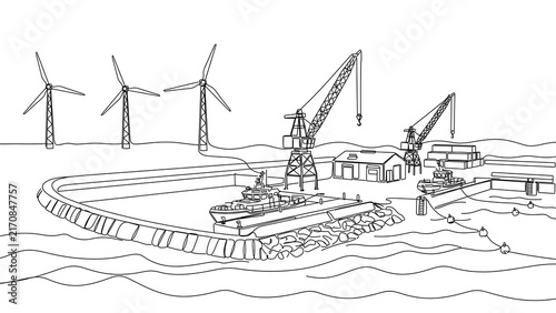 Industrial port scene with wind turbines white background.