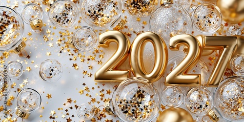 Luxurious gold 2027 numbers surrounded by clear glass Christmas baubles filled with glitter and gold star confetti on white background.