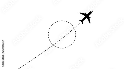 Airplane icon with dashed flight path line isolated on white background