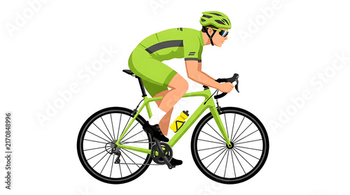 Professional cyclist in green sportswear riding a racing bicycle, side view