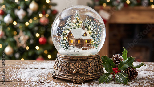 A decorative christmas snow globe featuring a cozy cabin in the woods