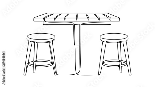 Minimalist bar table and stools white background.