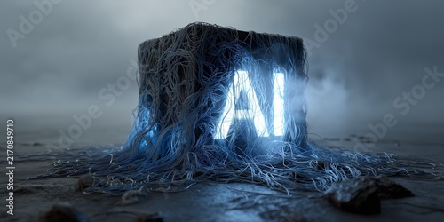 Dark concrete block wrapped in tangled wires with glowing blue letters emerging in a foggy industrial landscape.