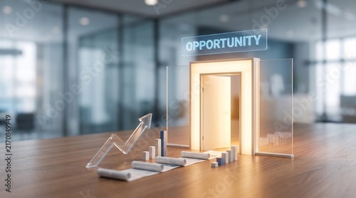 Business opportunity concept with glowing open door, financial growth chart with rising arrow on office desk, career success metaphor