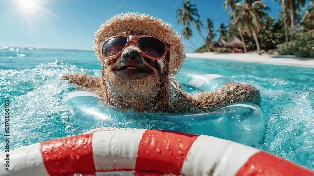 Naklejka premium Funny sloth wearing sunglasses and a straw hat floating in the ocean. Happy animal relaxing in an inflatable ring at a tropical beach. Summer vacation concept