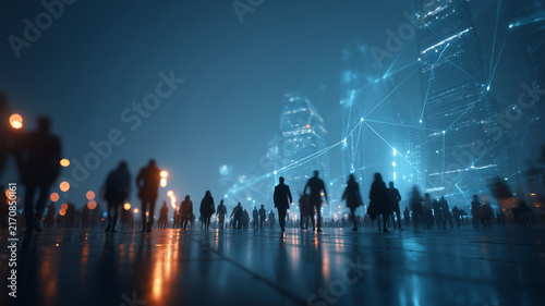 Futuristic cityscape at night with glowing blue lights, digital network overlay, silhouettes of people, modern architecture, urban atmosphere, and sense of innovation