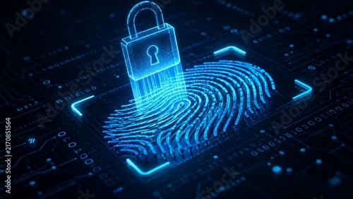 Biometric fingerprint scan with glowing padlock for digital cybersecurity and data protection