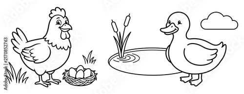 Принти на полотні Black and white coloring page featuring a hen with eggs and a cute duck by a pon
