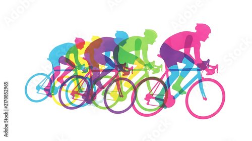Artistic colorful graphic of a cycling team in motion isolated on white background