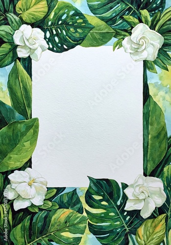 Watercolor tropical leaves and white flowers frame. Blank white card with monstera and gardenia floral border. Copy space for text
