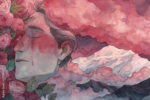 Watercolor illustration of a crying person profile with roses. Surreal art of a sad face with closed eyes, tears, and a snow-covered mountain background