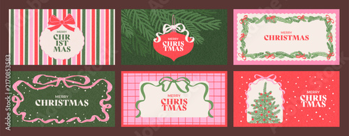 Retro horizontal banners set of Merry Christmas and Happy New Year. Vintage concept with with gift bows, Christmas tree and ball, frames. Hand drawn design background for card, invitation, flyer