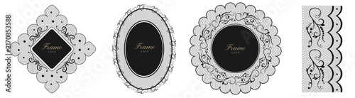 Lace frame template set. Horizontal vector collection of ornate black and white doily frames in oval, round, diamond, and scalloped shapes with floral mesh details for wedding stationery and print.