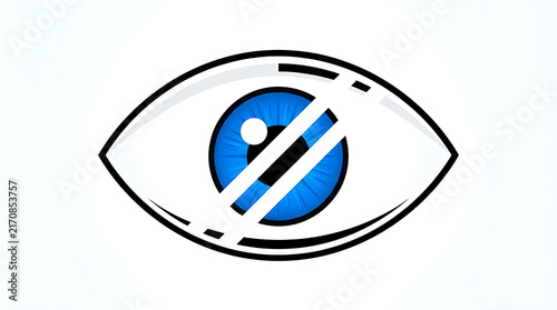 Minimalist blue eye icon with a diagonal line across, symbolizing visual disability or blindness, isolated on white background