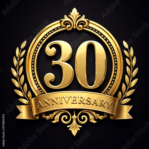 Golden elegant thirtieth anniversary emblem with laurel wreath and decorative ribbon design